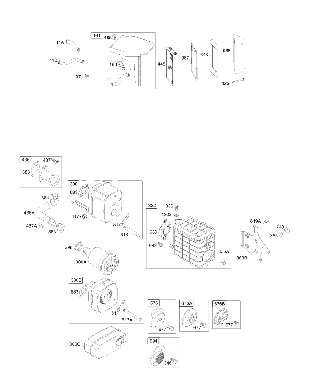 Air Cleaner, Muffler Diagram and Parts List for 196422-0022-XX  Briggs and Stratton Engine